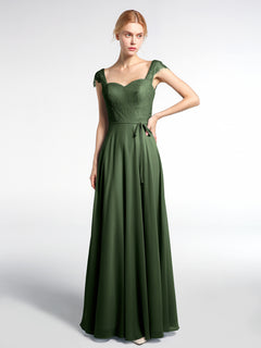 Lace Bodice Chiffon Skirt Dress with Cap Sleeves-Olive Green