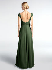 Lace Bodice Chiffon Skirt Dress with Cap Sleeves-Olive Green