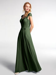 Lace Bodice Chiffon Skirt Dress with Cap Sleeves-Olive Green