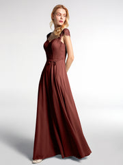 Lace Bodice Chiffon Skirt Dress with Cap Sleeves-Terracotta Plus Size