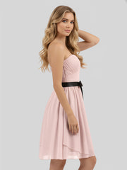 Sweetheart Neck Short Dress with Black Sash-Dusty Rose