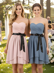 Sweetheart Neck Short Dress with Black Sash-Dusty Rose