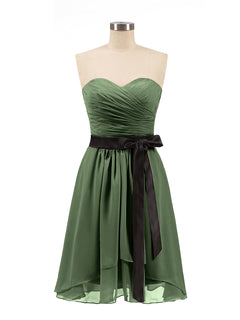 Sweetheart Neck Short Dress with Black Sash-Olive Green