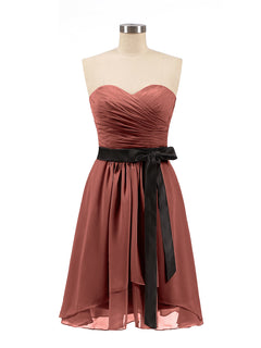 Sweetheart Neck Short Dress with Black Sash-Terracotta