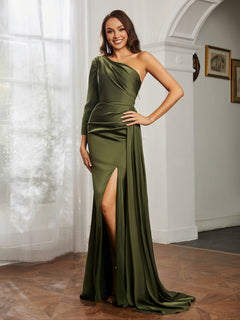 Sheath/Column One Shoulder Satin Prom Dress Olive Green Plus Size