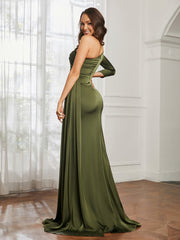 BABARONI Acetate Satin Olive Green Bridesmaid Dresses One Shoulder Sweep Train Long Sleeve with Slit Pleated Sheath BABARONI Acetate Satin Olive Green Bridesmaid Dresses One Shoulder Sweep Train Long Sleeve with Slit Pleated Sheath