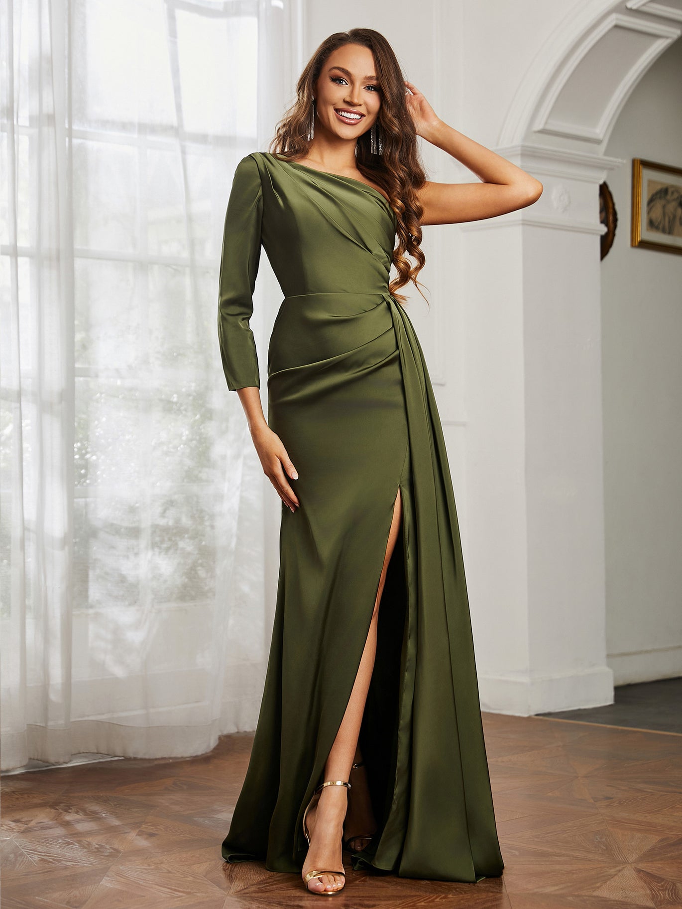 one shoulder long sleeve formal dress BABARONI Acetate Satin Olive Green Bridesmaid Dresses Sweep Train with Slit Pleated Sheath, Olive Green / US18 Style Code:MAN3081-02 long sleeve boho wedding dresses and one Manning Cartell Sweet Ride