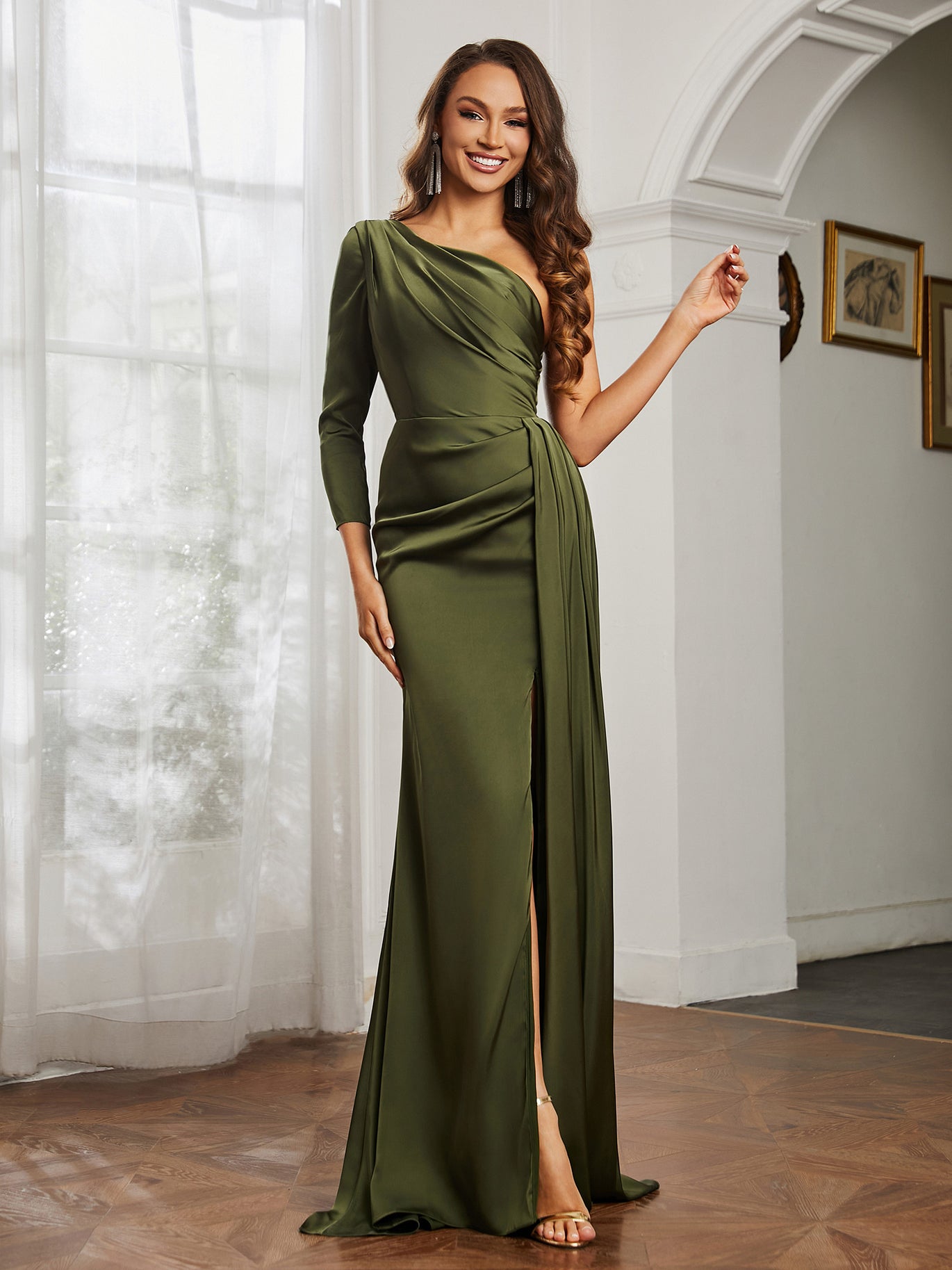 BABARONI Sheath/Column One Shoulder Satin Prom Dress Olive Green Plus Size, Olive Green / US18 BABARONI Sheath/Column One Shoulder Satin Prom Dress Olive Green Plus Size, Olive Green / US18