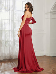 Sheath/Column One Shoulder Satin Prom Dress Burgundy Plus Size