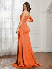 Sheath/Column One Shoulder Satin Prom Dress Burnt Orange Plus Size