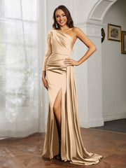 Sheath/Column One Shoulder Satin Prom Dress Champagne Plus Size
