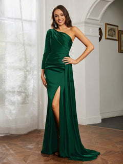 Sheath/Column One Shoulder Satin Prom Dress Dark Green Plus Size