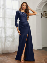 Sheath/Column One Shoulder Satin Prom Dress Dark Navy Plus Size