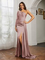 Sheath/Column One Shoulder Satin Prom Dress Dusty Rose