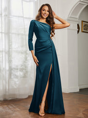 Sheath/Column One Shoulder Satin Prom Dress Ink Blue Plus Size
