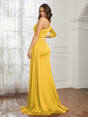 Sheath/Column One Shoulder Satin Prom Dress Marigold Plus Size