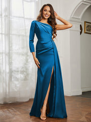 Sheath/Column One Shoulder Satin Prom Dress Ocean Blue Plus Size