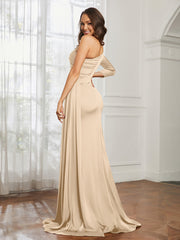 Sheath/Column One Shoulder Satin Prom Dress Peach Plus Size