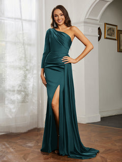 Sheath/Column One Shoulder Satin Prom Dress Peacock Plus Size