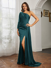 Sheath/Column One Shoulder Satin Prom Dress Peacock