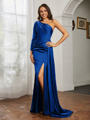 Sheath/Column One Shoulder Satin Prom Dress Royal Blue Plus Size