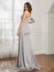 Sheath/Column One Shoulder Satin Prom Dress Silver Plus Size
