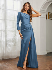 Sheath/Column One Shoulder Satin Prom Dress Slate Blue Plus Size