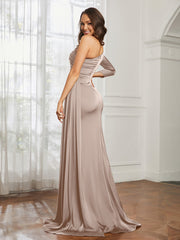 Sheath/Column One Shoulder Satin Prom Dress Taupe Plus Size