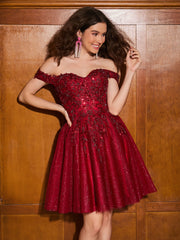 Off-the-shoulder Appliqued Corset Tulle Dress Burgundy