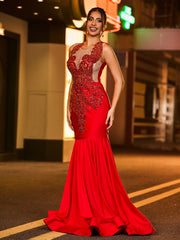 Gleaming Rhinestone-Encrusted Mermaid Prom Dress Burgundy