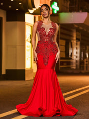 Gleaming Rhinestone-Encrusted Mermaid Prom Dress Burgundy