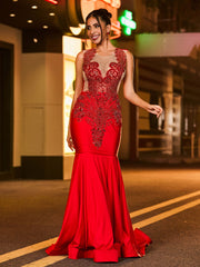 Gleaming Rhinestone-Encrusted Mermaid Prom Dress Burgundy