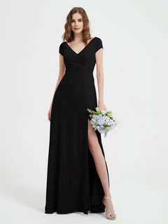 V-neck A-line Chiffon Dress With Slit Black