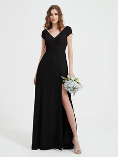 V-neck A-line Chiffon Dress With Slit Black Plus Size