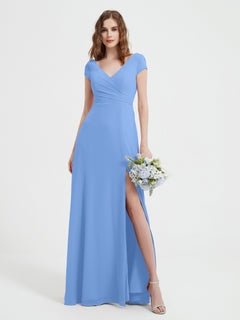 V-neck A-line Chiffon Dress With Slit Blue Plus Size