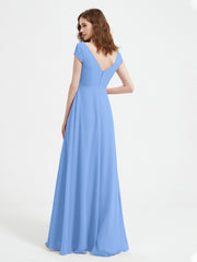 V-neck A-line Chiffon Dress With Slit Blue