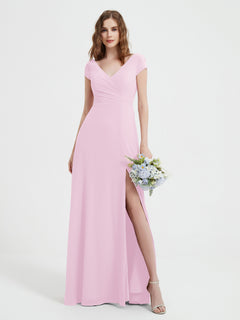 V-neck A-line Chiffon Dress With Slit Blushing Pink