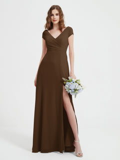 V-neck A-line Chiffon Dress With Slit Brown