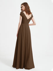 V-neck A-line Chiffon Dress With Slit Brown Plus Size