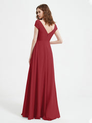 V-neck A-line Chiffon Dress With Slit Burgundy Plus Size