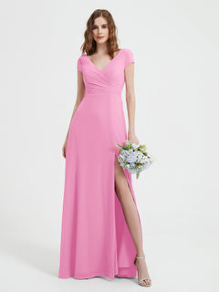 V-neck A-line Chiffon Dress With Slit Candy Pink