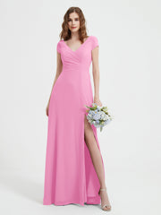 V-neck A-line Chiffon Dress With Slit Candy Pink Plus Size