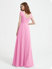 V-neck A-line Chiffon Dress With Slit Candy Pink Plus Size