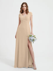 V-neck A-line Chiffon Dress With Slit Champagne Plus Size