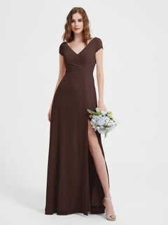 V-neck A-line Chiffon Dress With Slit Chocolate