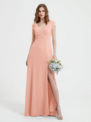V-neck A-line Chiffon Dress With Slit Coral