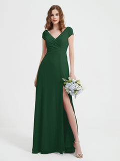 V-neck A-line Chiffon Dress With Slit Dark Green