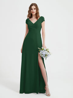 V-neck A-line Chiffon Dress With Slit Dark Green Plus Size