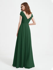 V-neck A-line Chiffon Dress With Slit Dark Green