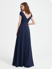V-neck A-line Chiffon Dress With Slit Dark Navy